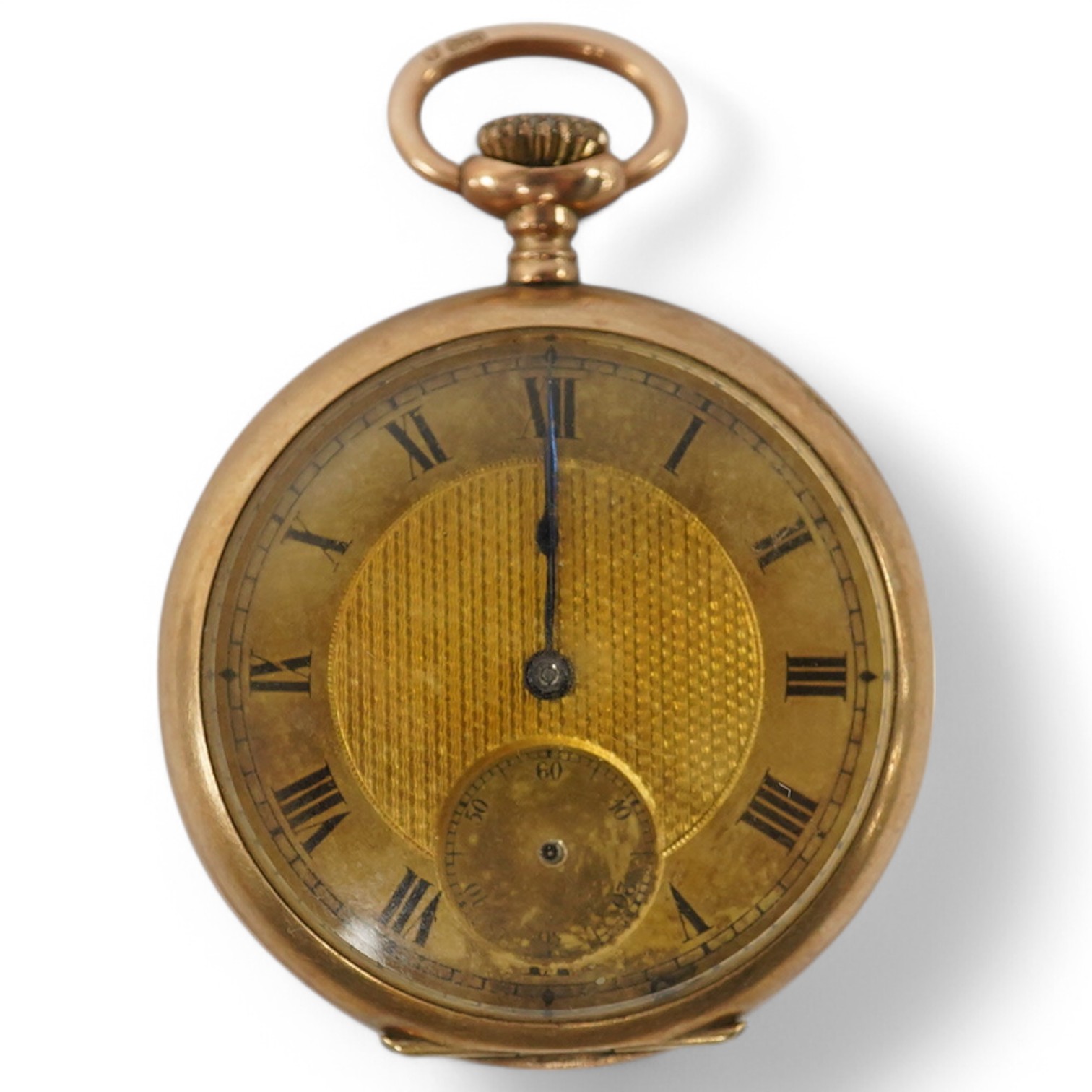 A George V 9ct gold open faced fob watch, with Roman dial and subsidiary seconds(hand loose), with 9ct gold cuvette, case diameter 34mm, gross weight 27.2 grams. Condition - poor to fair